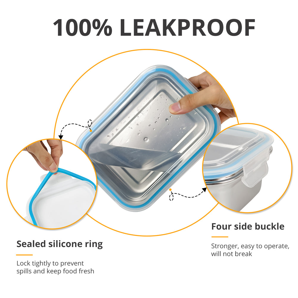 Rectangle Stainless Steel Bento Box Container LeakProof Plastic Lid Microwave Safe Insulated Lunch Box for Kids Adults Office