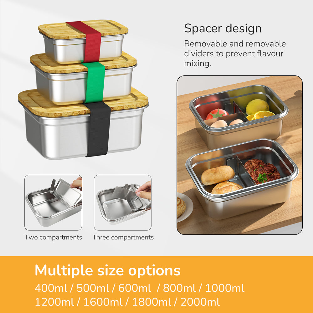 LIHONG Bamboo Lids Lunch Box for Meal Prep Snack Metal Lunch Container Stainless Steel Bento Box for Kids Adult