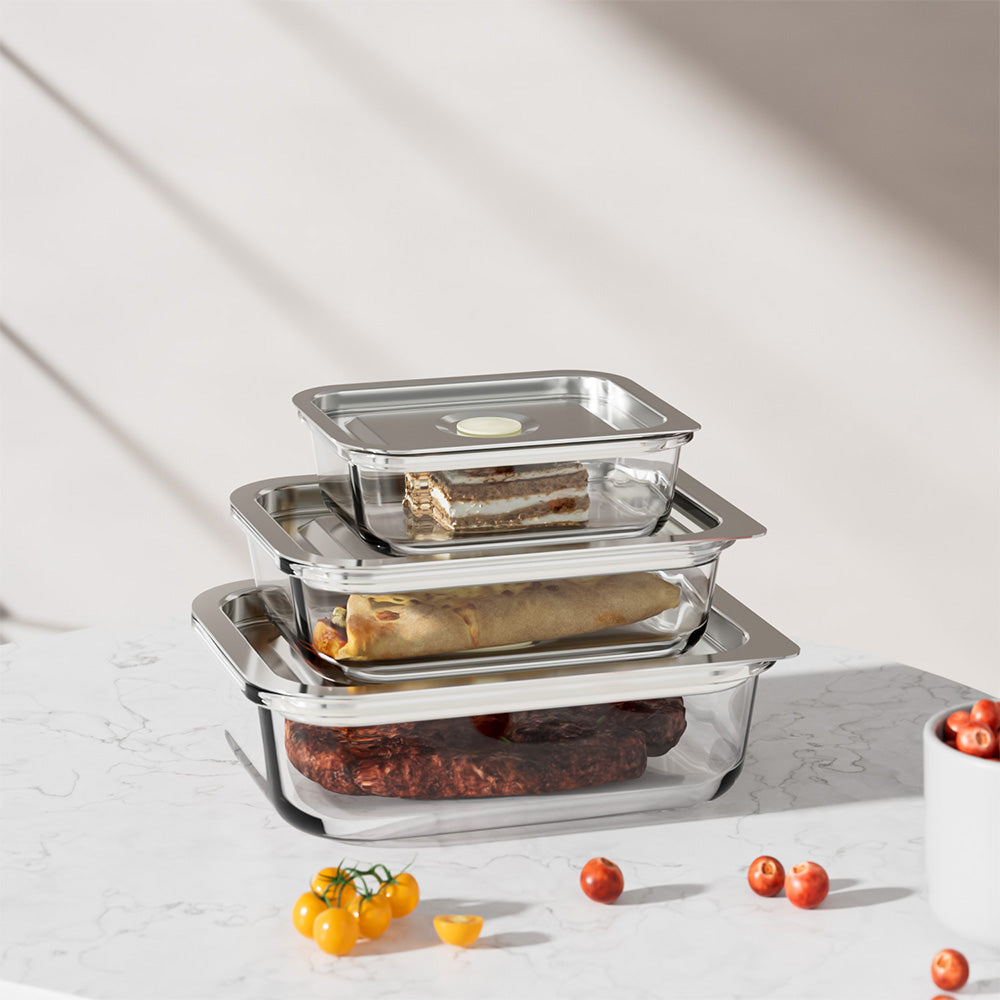 LIHONG Borosilicate Glass Food Storage Container with Steam Vent Airtight Stainless Steel Lid Glass Bento Box for Office Travel