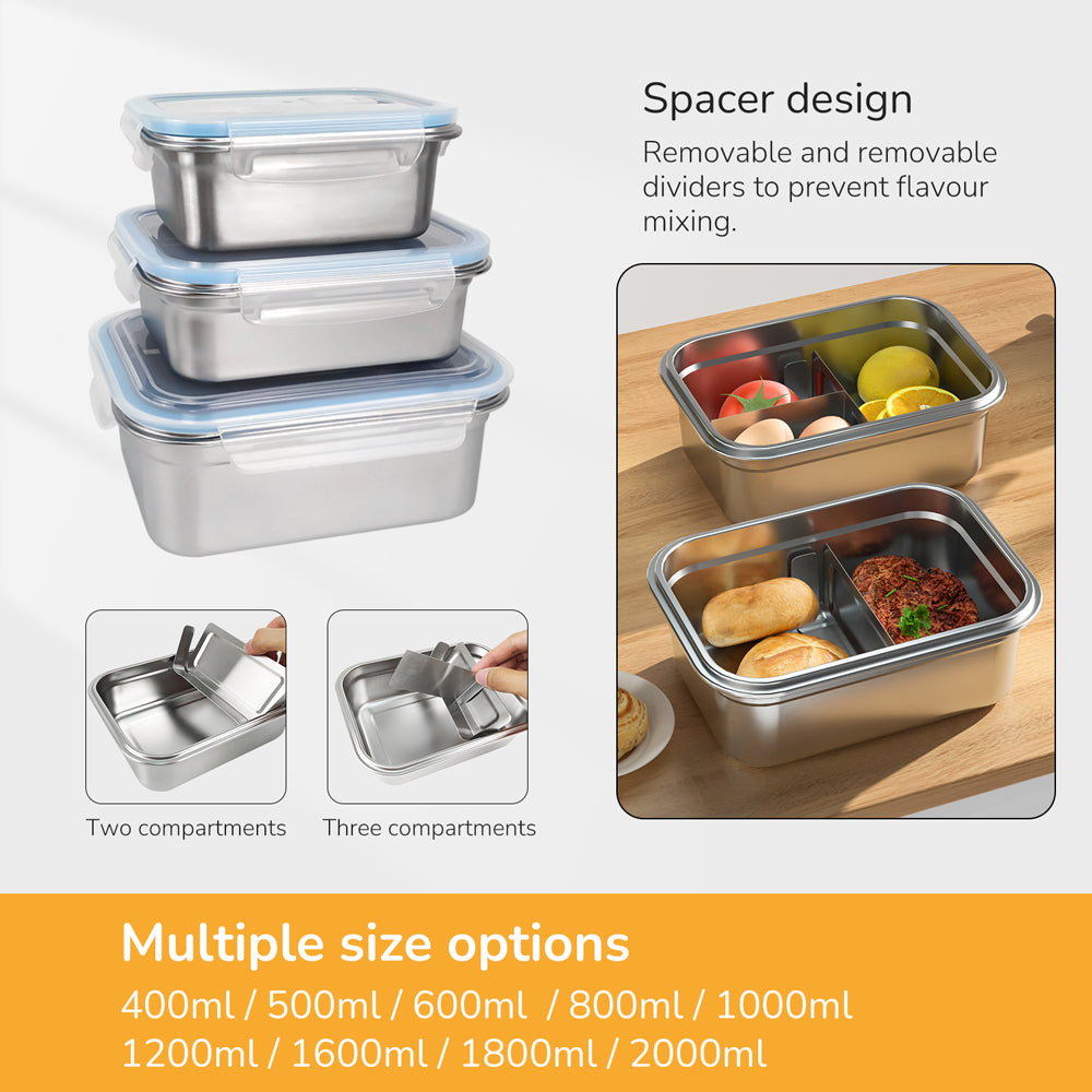 Rectangle Stainless Steel Bento Box Container LeakProof Plastic Lid Microwave Safe Insulated Lunch Box for Kids Adults Office