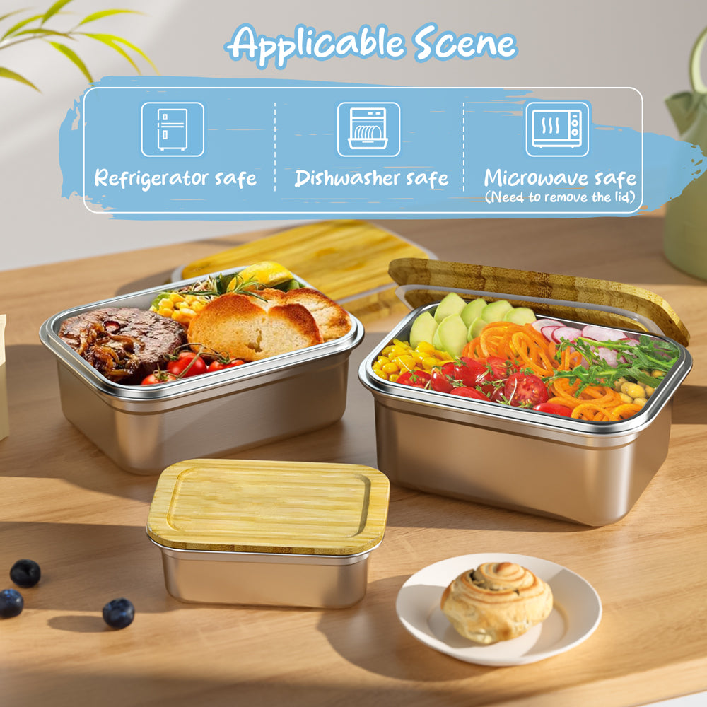 LIHONG Bamboo Lids Lunch Box for Meal Prep Snack Metal Lunch Container Stainless Steel Bento Box for Kids Adult