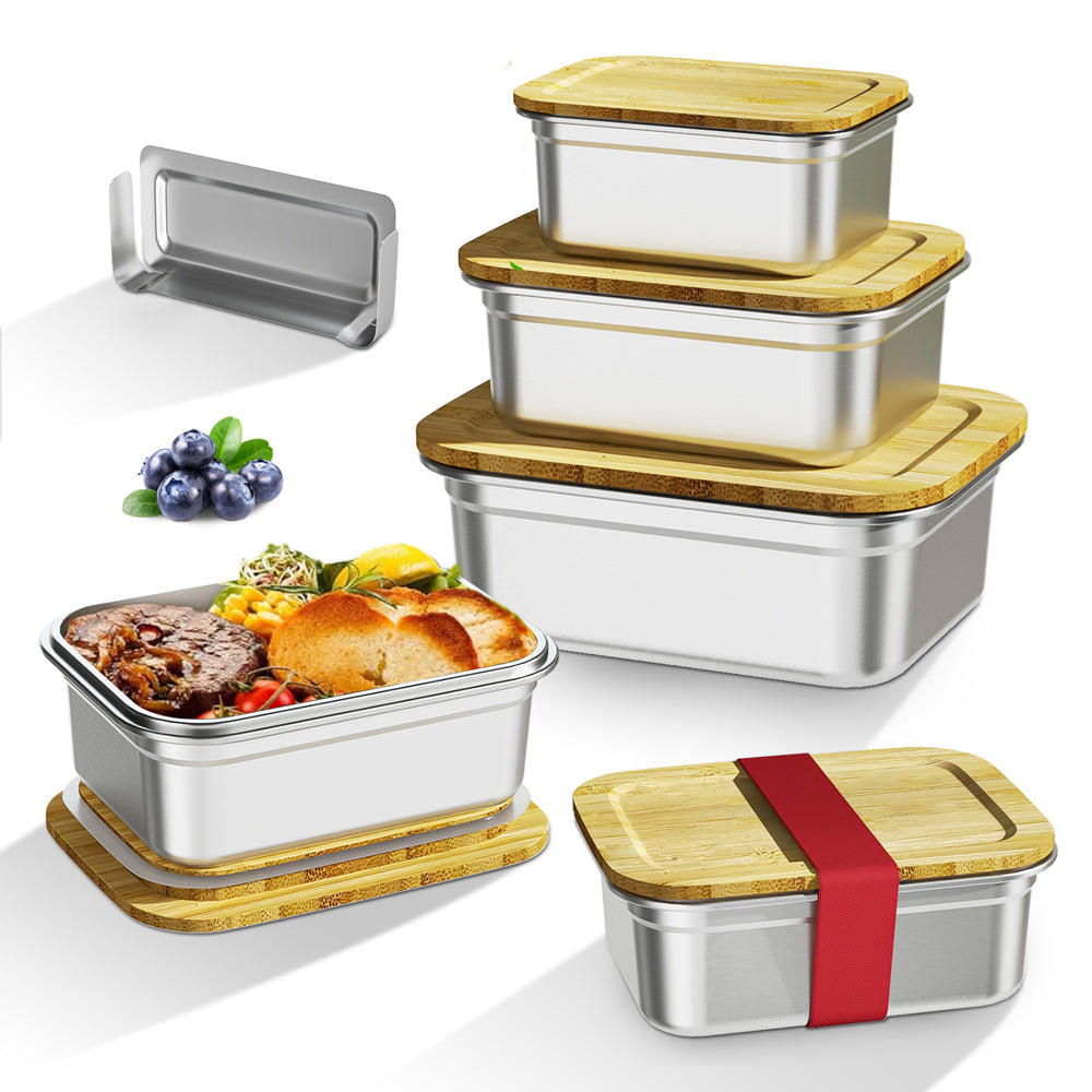 LIHONG Bamboo Lids Lunch Box for Meal Prep Snack Metal Lunch Container Stainless Steel Bento Box for Kids Adult