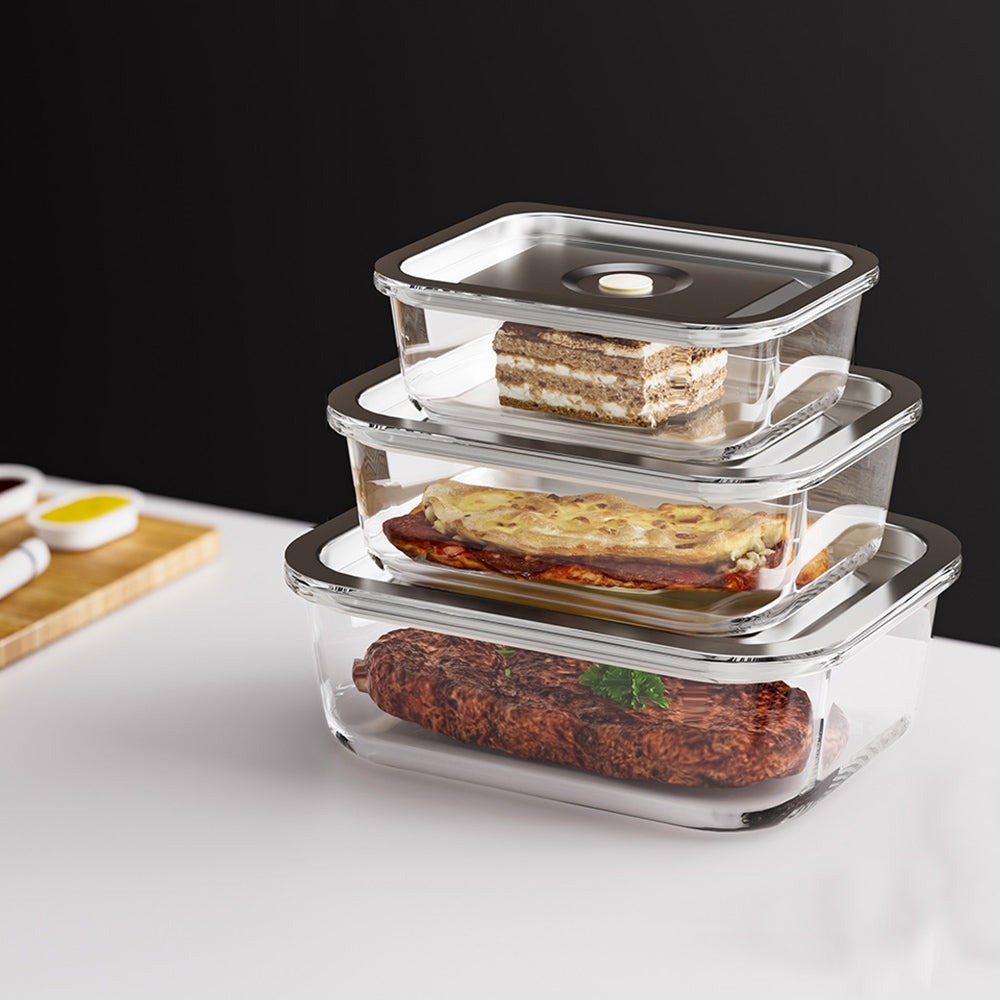 LIHONG Borosilicate Glass Food Storage Container with Steam Vent Airtight Stainless Steel Lid Glass Bento Box for Office Travel