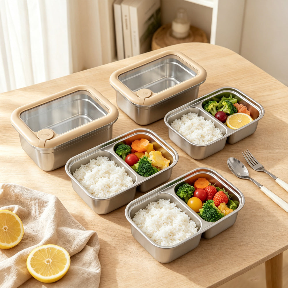 LIHONG Korean Stainless Steel Lunch Box Stackable Glass Lid Bento Box Snack Food Container Reusable Lunch Box for Kids Travel