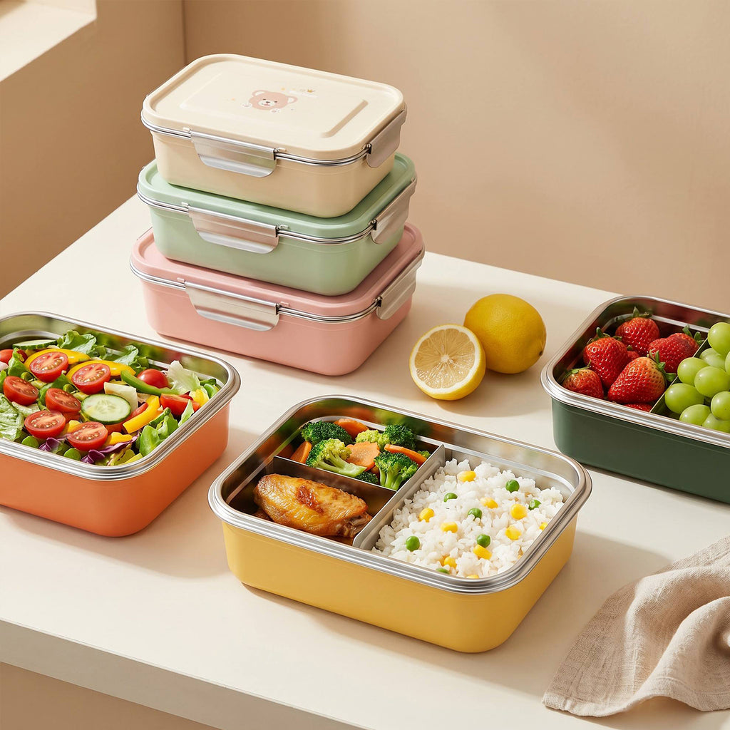 Bento Box Adults Leakproof Double Clip Lock Stainless Steel Lunch Box Microwave Safe Print Logo for Kids School