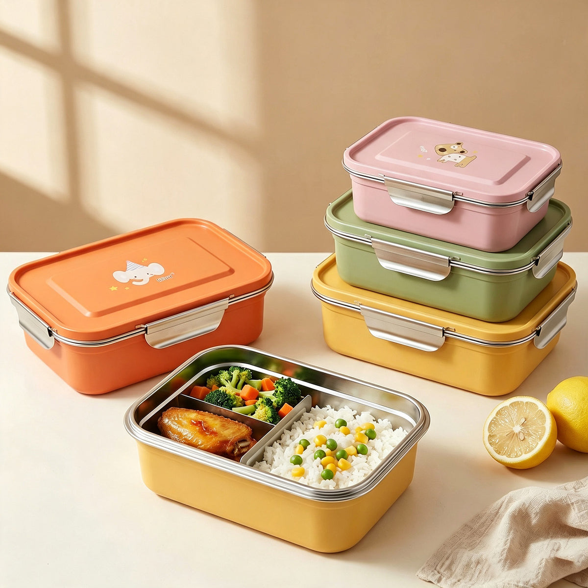Bento Box Adults Leakproof Double Clip Lock Stainless Steel Lunch Box Microwave Safe Print Logo for Kids School