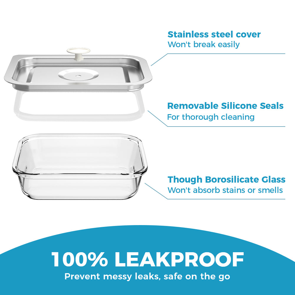 LIHONG Borosilicate Glass Food Storage Container with Steam Vent Airtight Stainless Steel Lid Glass Bento Box for Office Travel