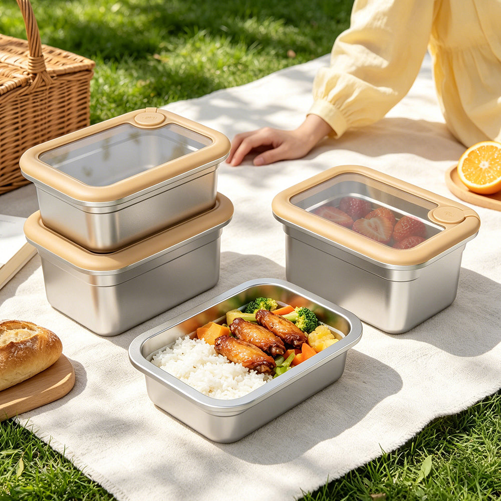 LIHONG Korean Stainless Steel Lunch Box Stackable Glass Lid Bento Box Snack Food Container Reusable Lunch Box for Kids Travel