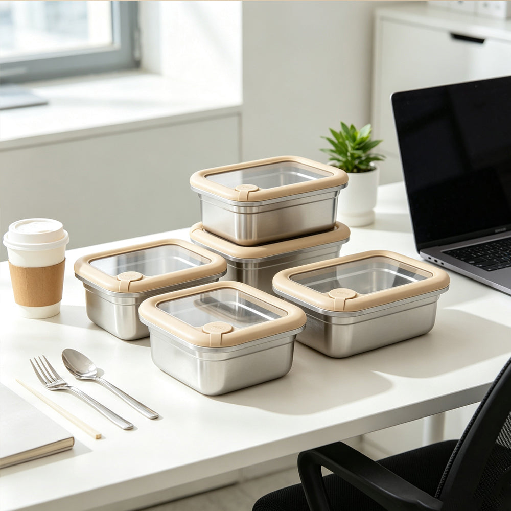 LIHONG Korean Stainless Steel Lunch Box Stackable Glass Lid Bento Box Snack Food Container Reusable Lunch Box for Kids Travel
