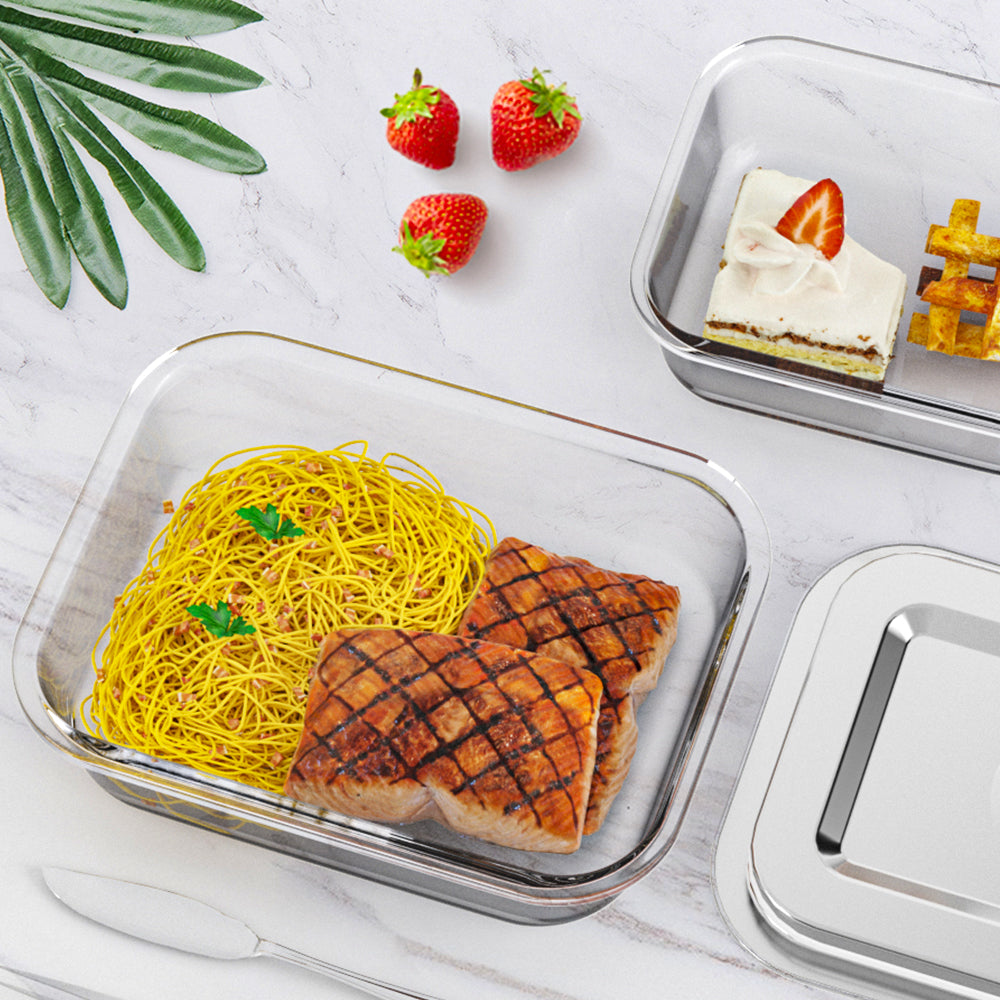 LIHONG Borosilicate Glass Food Storage Container with Steam Vent Airtight Stainless Steel Lid Glass Bento Box for Office Travel