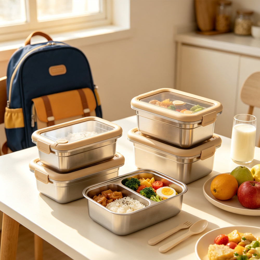 LIHONG Korean Stainless Steel Lunch Box Stackable Glass Lid Bento Box Snack Food Container Reusable Lunch Box for Kids Travel