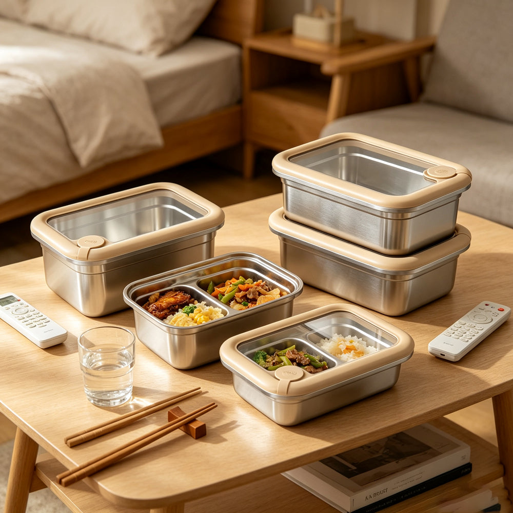 LIHONG Korean Stainless Steel Lunch Box Stackable Glass Lid Bento Box Snack Food Container Reusable Lunch Box for Kids Travel