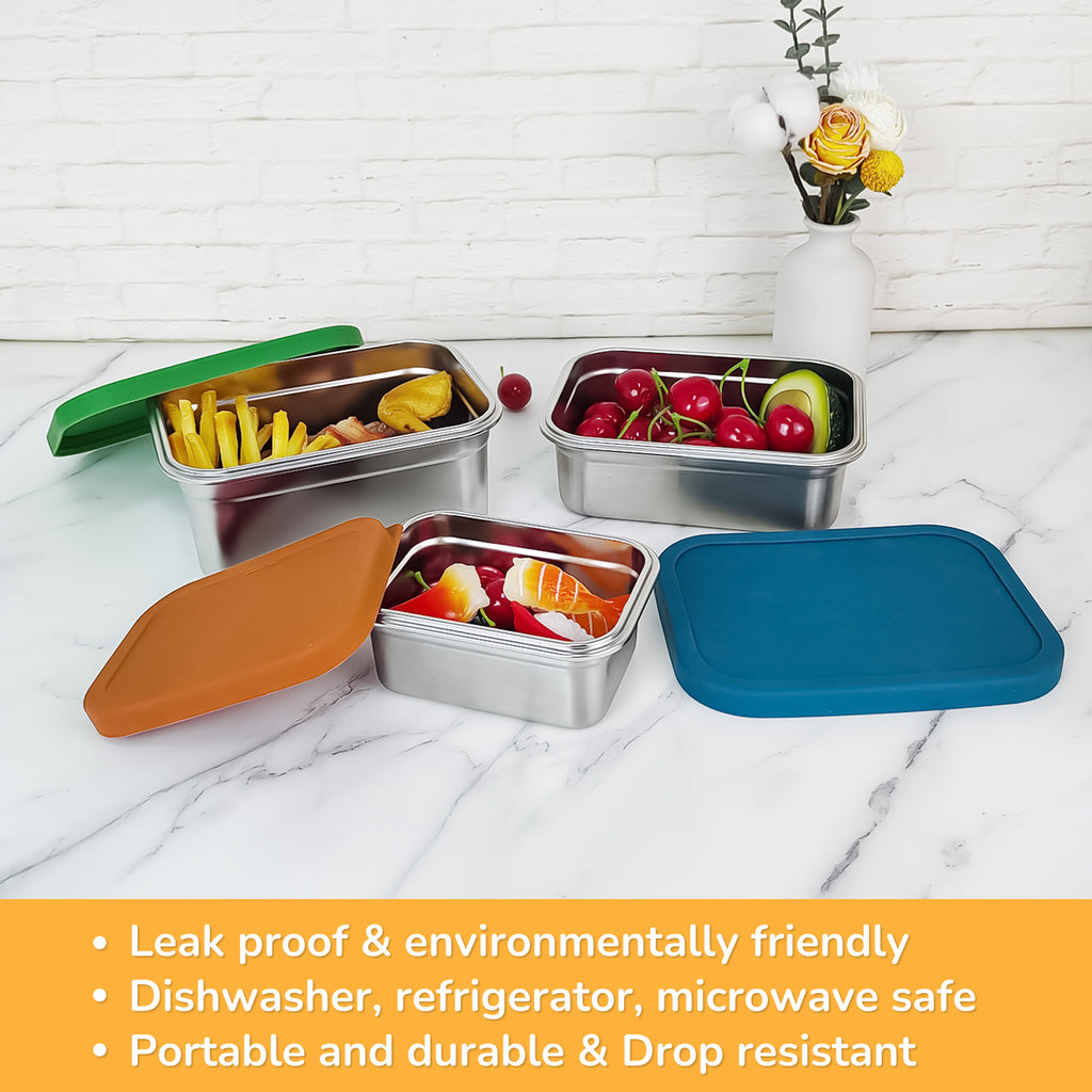 Stainless Steel Lunch Box with Silicone Lids Reusable for Snack Containers Microwave Safe Meal Prep Tiffin Bento Box