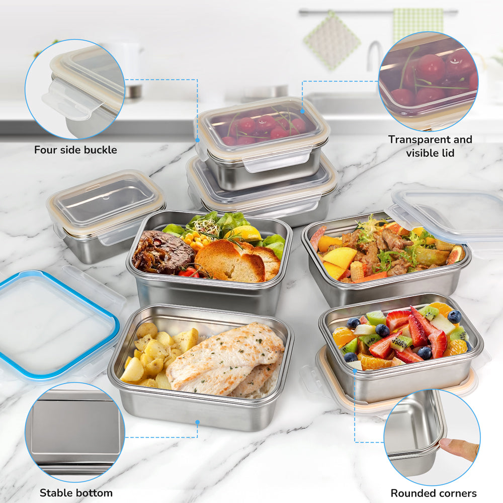 Rectangle Stainless Steel Bento Box Container LeakProof Plastic Lid Microwave Safe Insulated Lunch Box for Kids Adults Office